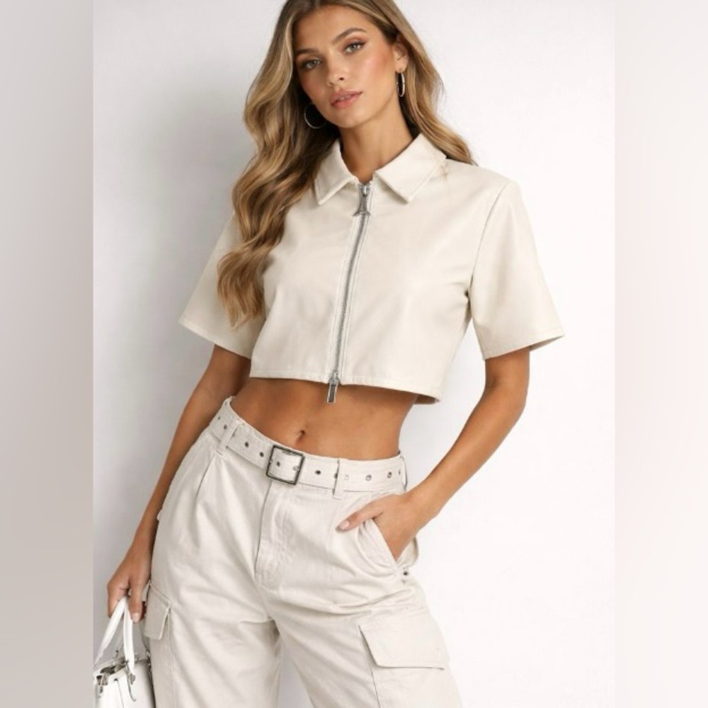 Manière De Voir Cropped Faux Leather Zip Jacket Cream UK 8 US‎ 4 NWT
